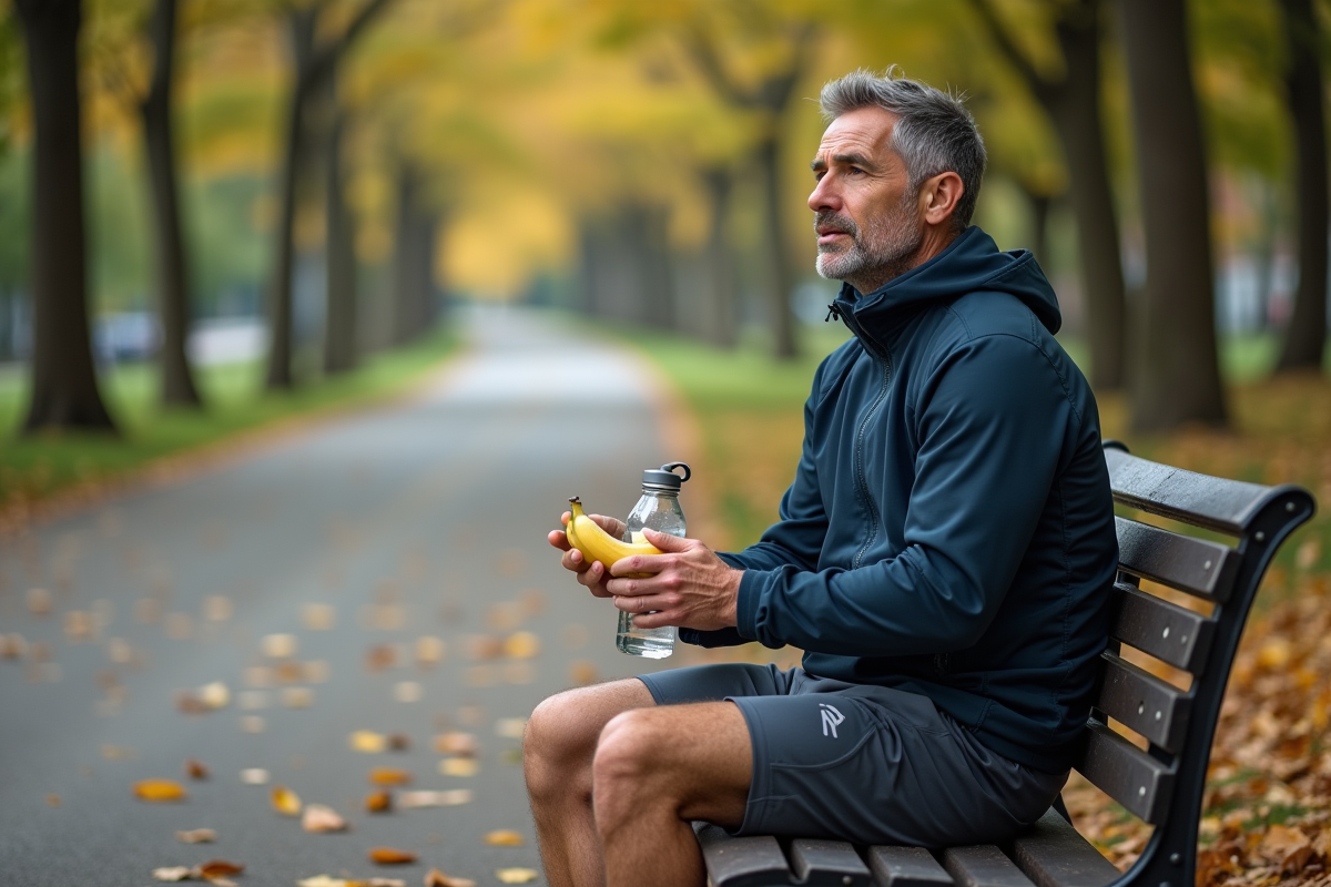 Homme en course dans un parc en train de manger une banane