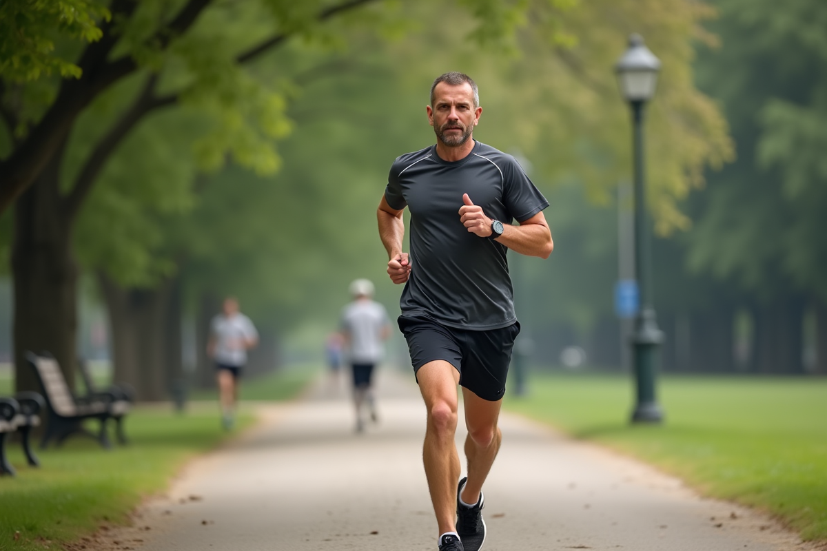 Homme courant en extérieur sur un sentier de parc verdoyant