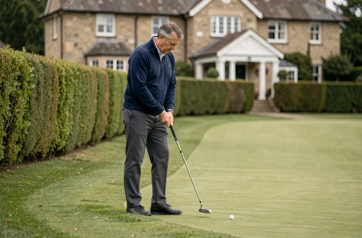 Homme débutant en golf pratiquant le putting sur un green lors d'un stage golf pour débutants