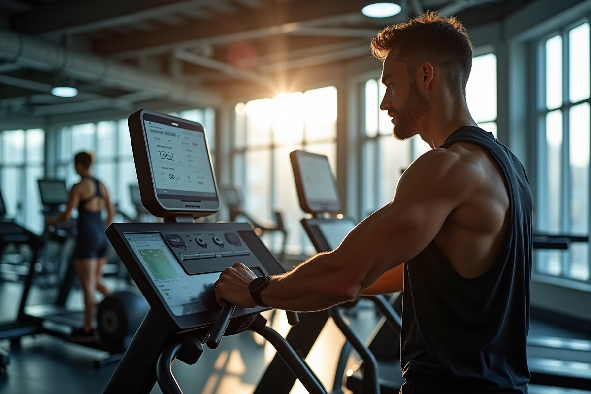 homme musclé ajustant équipement fitness hightech en salle