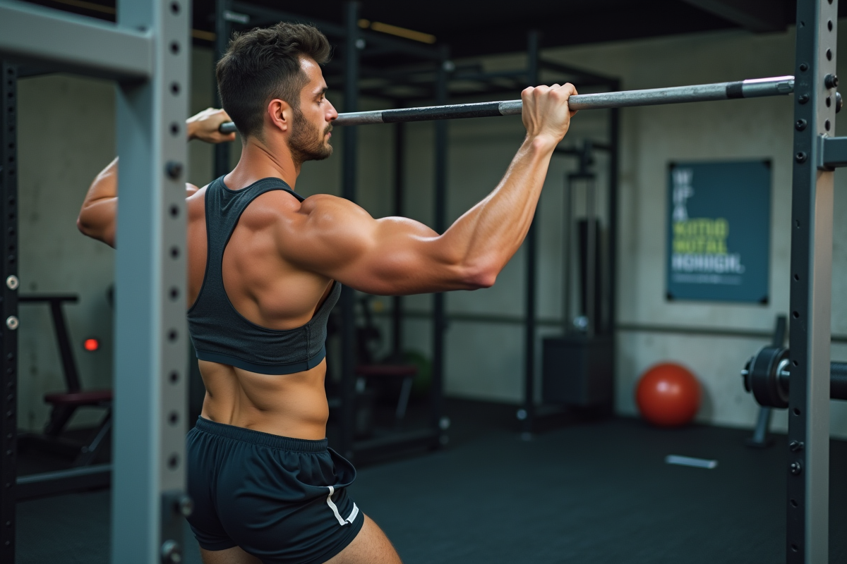 Homme musclé en train de faire un pull-up en salle de sport