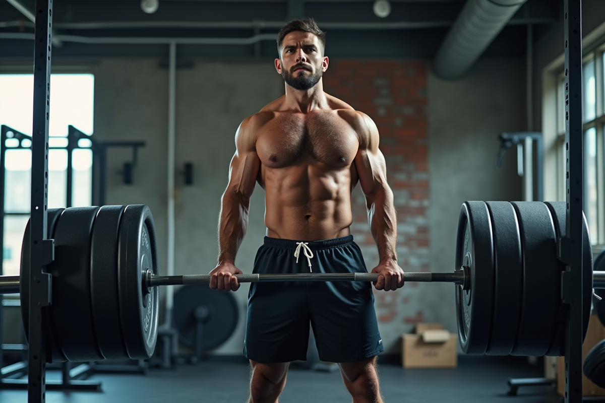 Homme musclé en train de faire un deadlift en salle de sport