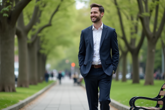 Homme grand en costume dans un parc urbain