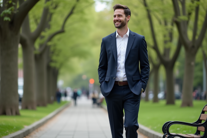 Homme grand en costume dans un parc urbain