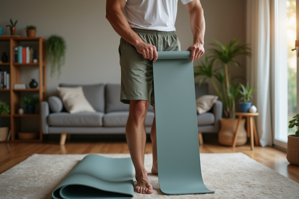 Homme comparant deux tapis de Pilates dans un salon cosy