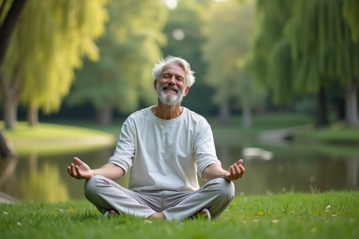 Homme méditant en plein air dans un parc calme