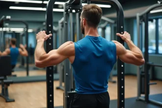 Homme musclé en train de faire un tirage lat à la poulie