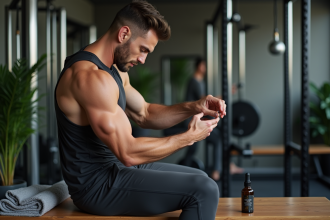Homme musclé appliquant de l'huile dans une salle de sport moderne