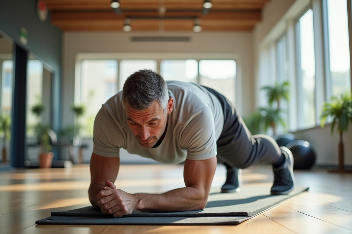 Homme faisant un plank de Pilates dans une salle de sport lumineuse