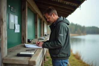 Homme d'âge moyen remplissant un formulaire près d'un lac rural