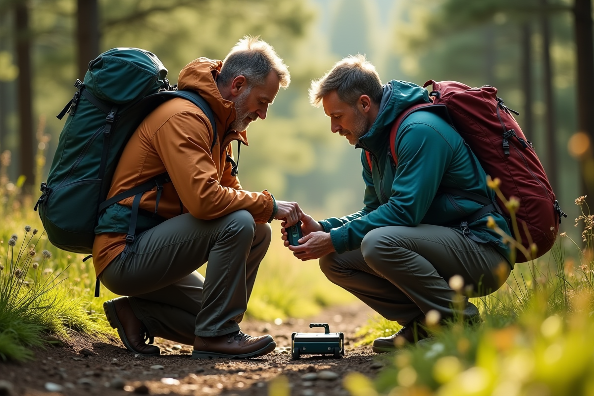 Homme pesant son sac à dos dans la forêt