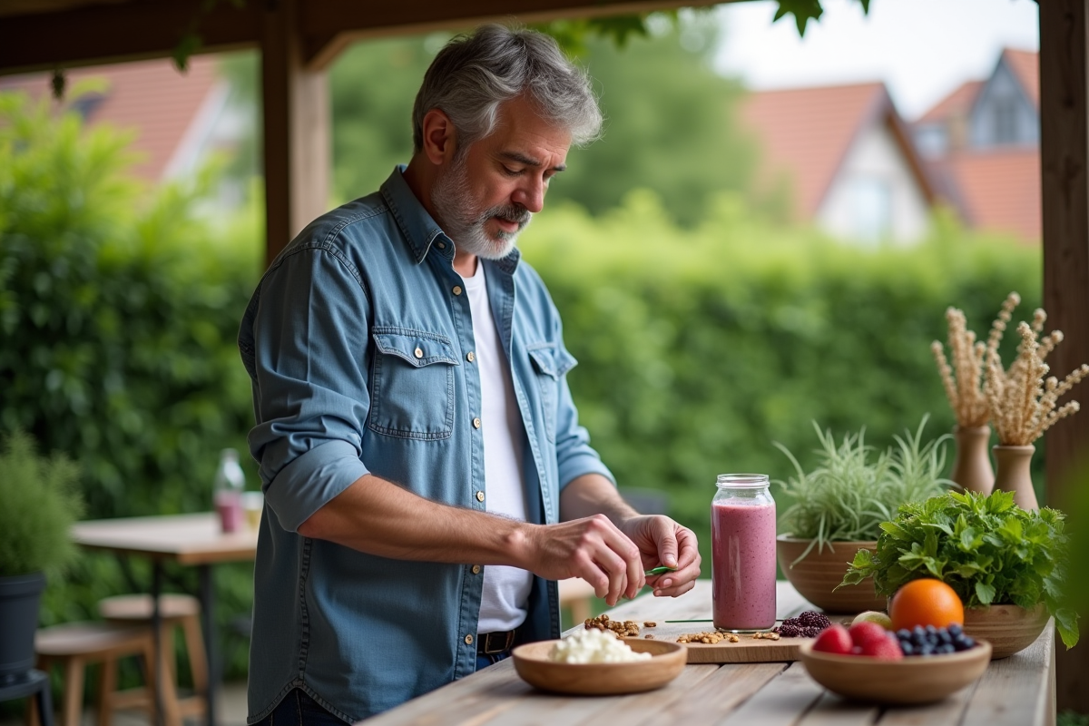 Homme préparant un smoothie protéine dans un jardin