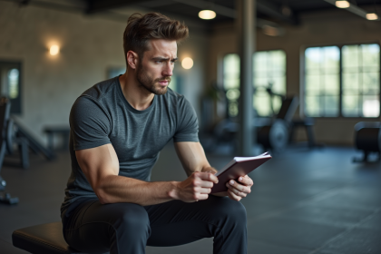 Jeune homme en salle de sport regardant son journal de workout