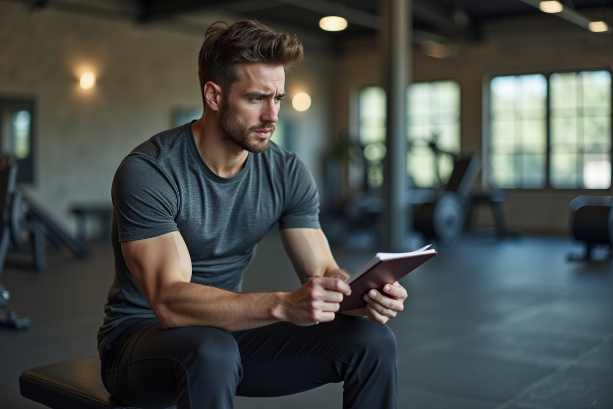 Jeune homme en salle de sport regardant son journal de workout