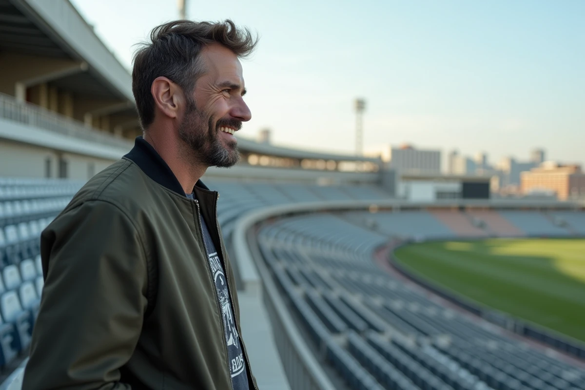 Homme décontracté regardant un stade vide en extérieur