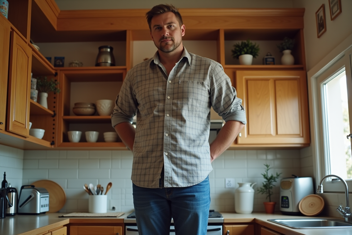 Homme très grand dans une cuisine familiale