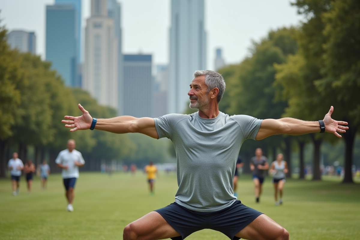 Homme en posture de yoga dans un parc urbain