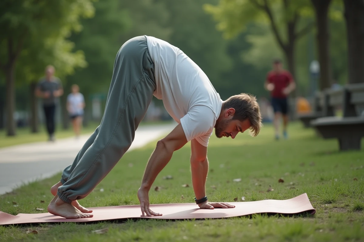Homme en transition yoga en extérieur dans un parc