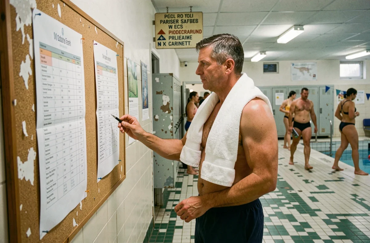 Nageur adulte consultant les horaires affichés dans le couloir de la piscine des Buttes-aux-Cailles à Paris