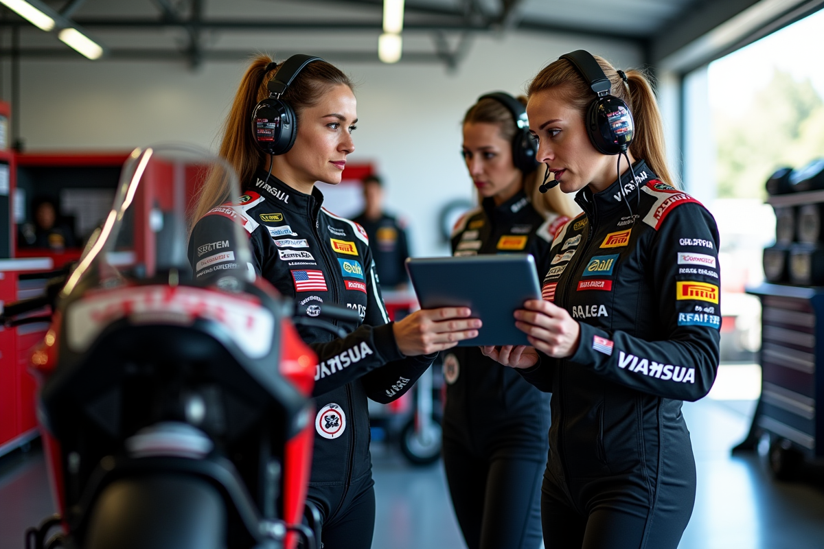 Deux ingénieures en discussion avec une moto de course dans le garage