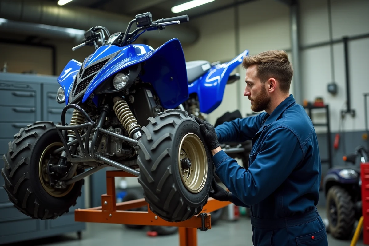 Mécanicien inspectant le moteur d'un Yamaha Raptor 700 d'occasion dans un atelier de mécanique professionnel
