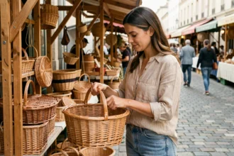 Femme inspectant la qualité d'un panier vélo en osier sur un marché français