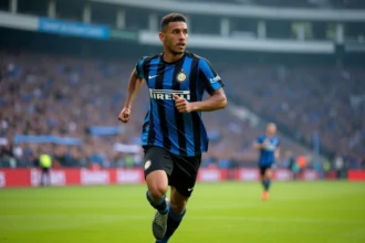 Joueur de l'Inter Milan en plein sprint sur la pelouse lors d'un match de Ligue des Champions au stade San Siro