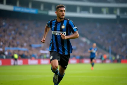 Joueur de l'Inter Milan en plein sprint sur la pelouse lors d'un match de Ligue des Champions au stade San Siro