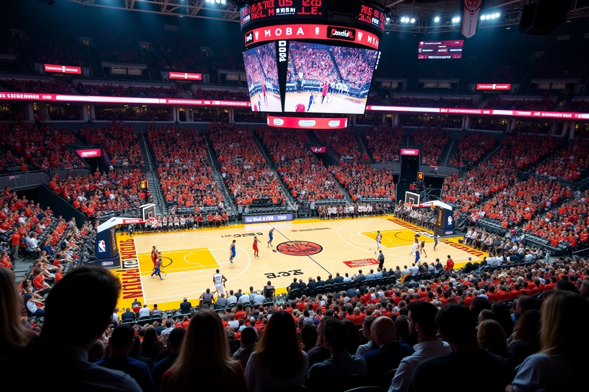 Vue intérieure d'une arène NBA bondée à New York pendant un match de basket professionnel