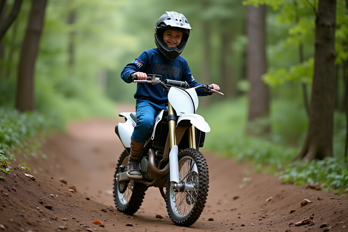 Jeune garçon motocross avec casque et vélo en forêt