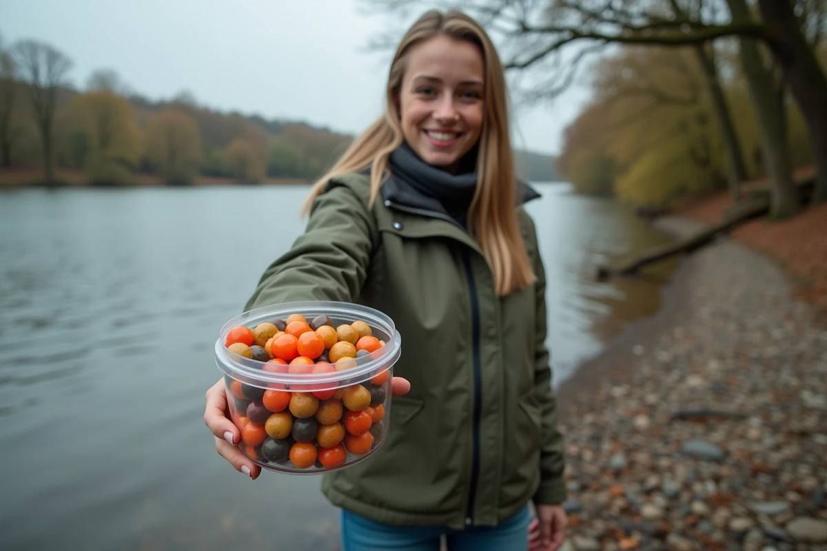 Jeune femme tenant un récipient de bouille de pêche colorées
