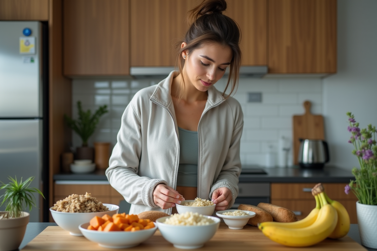 Jeune femme en tenue de sport prépare un repas sain dans sa cuisine moderne