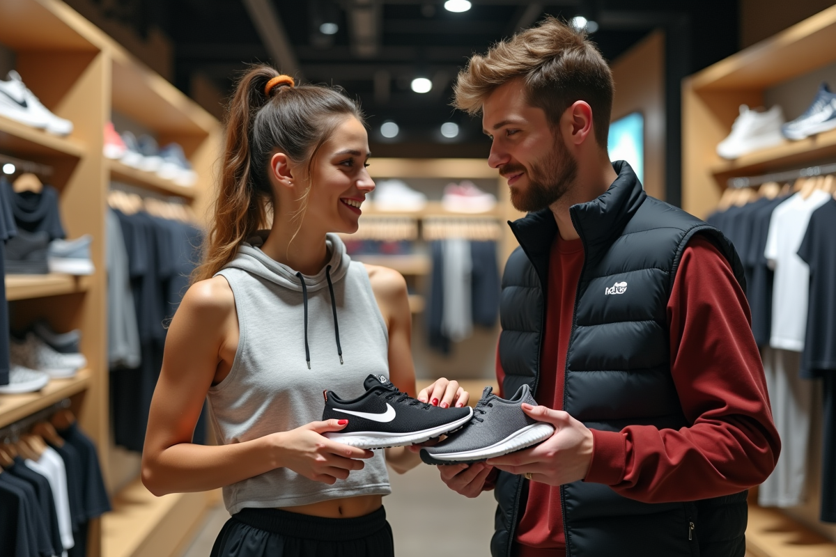 Jeune femme et homme comparant des chaussures de sport en magasin
