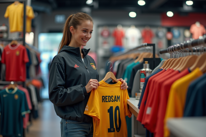 Jeune femme souriante avec un maillot personnalisé dans un magasin sportif