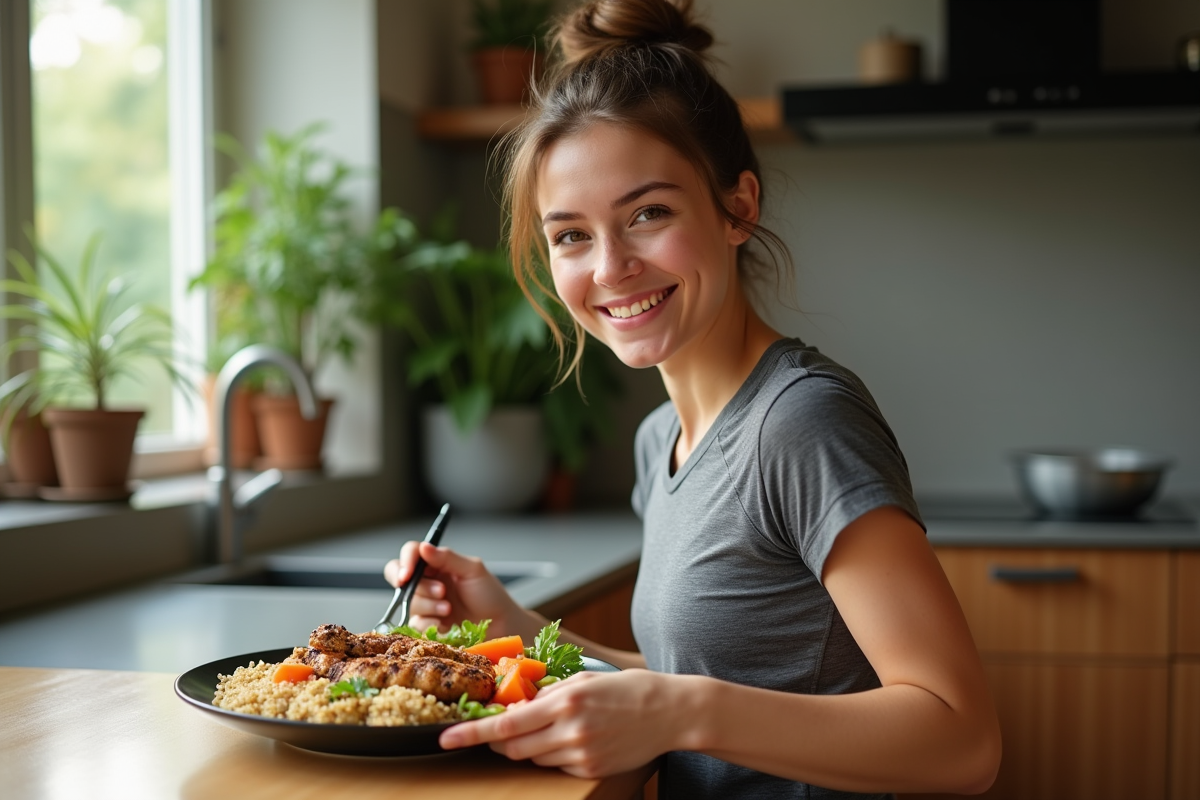 Jeune femme sportive mange un repas sain à la maison