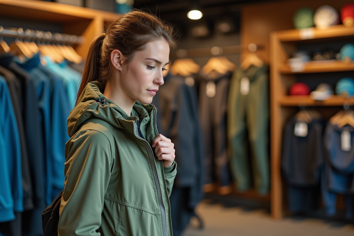 Jeune femme examinant une veste outdoor en magasin