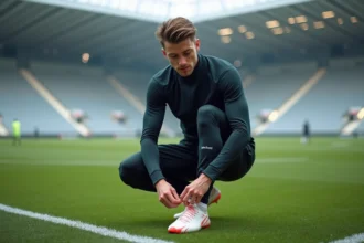 Jeune footballeur concentré avant l'entraînement sur le terrain