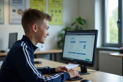 Jeune garçon en tenue de sport inscrivant en ligne au bureau