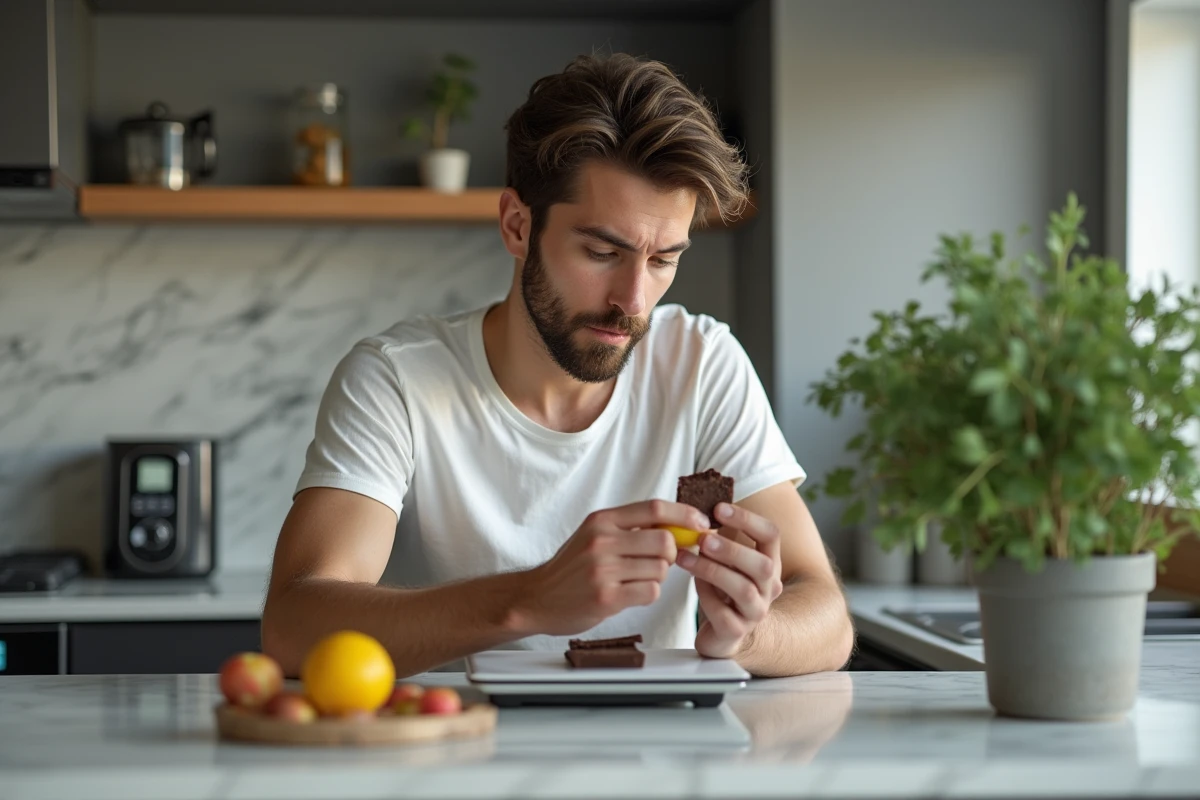 Jeune homme pese des fruits dans une cuisine moderne