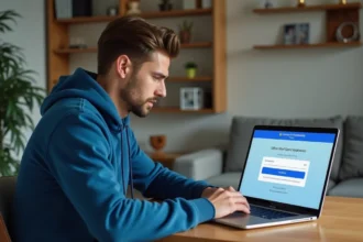 Jeune homme concentré devant son ordinateur pour se connecter au site sportif