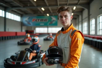Jeune homme en combinaison de course avec casque à la main près d’un kart