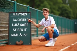 Jeune joueur de tennis pointant la plaque du tournoi