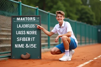 Jeune joueur de tennis pointant la plaque du tournoi