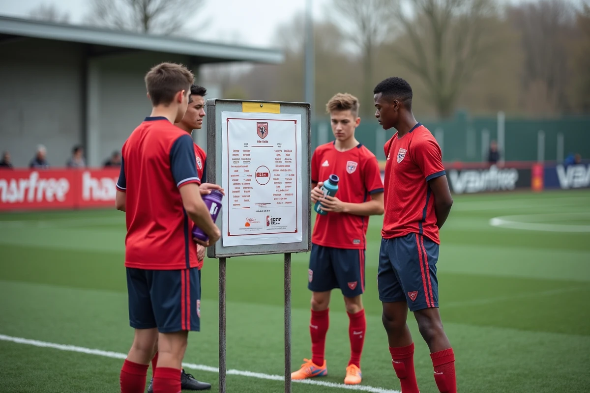 Jeunes joueurs de football amateur consultant le calendrier du district FFF 91 sur un terrain synthétique en Essonne