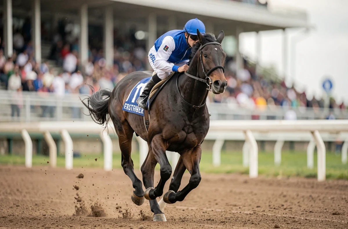 Jockey en course sur un cheval bai au galop sur un hippodrome, comparatif des allures équestres