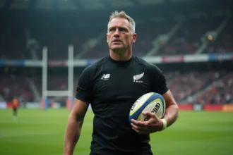 Joueur des All Blacks en jersey noir avec ballon de rugby sur un terrain de stade, représentant l'histoire moderne du rugby néo-zélandais