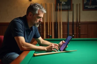 Homme d'âge moyen utilisant une calculatrice de rotation sur tablette au billard