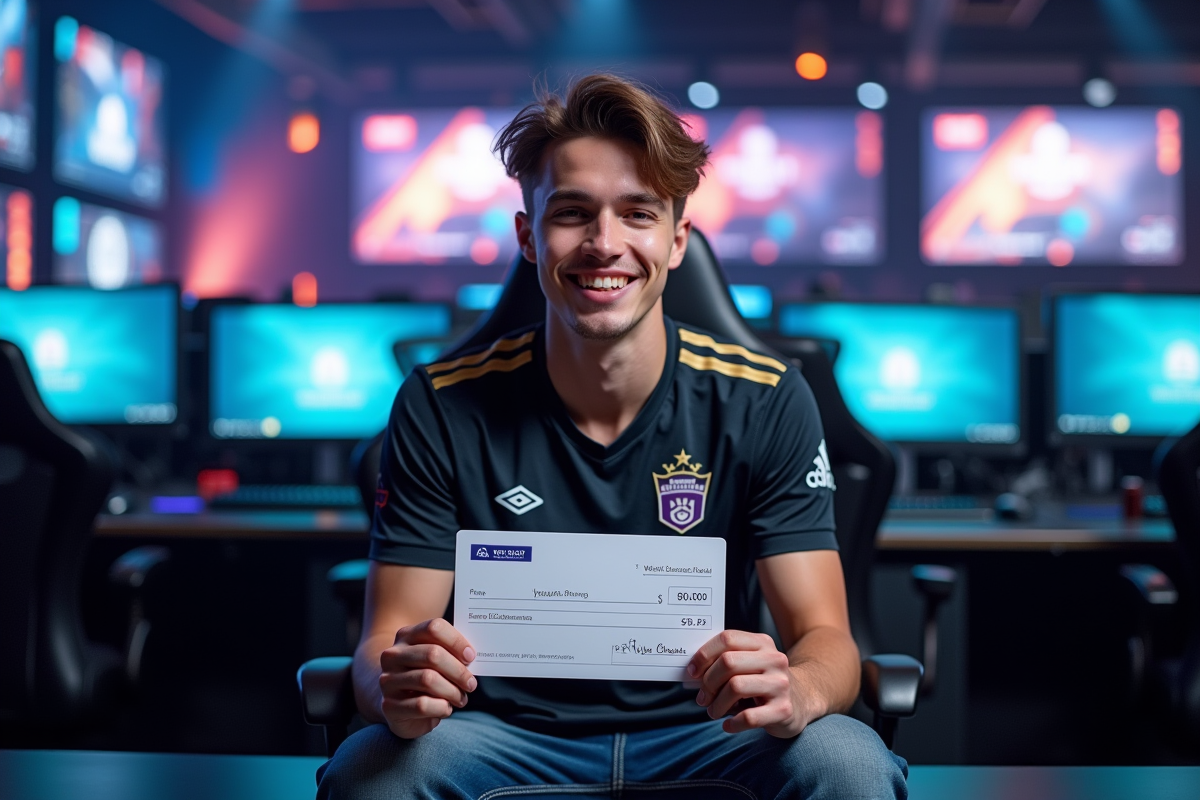 Jeune joueur esports souriant avec cheque de victoire