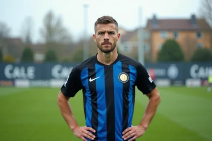 Joueur de foot professionnel en maillot Inter Milan rayé noir et bleu sur le terrain d'entraînement pour la saison 2026