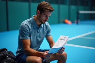 Joueur de padel masculin consultant son planning de tournoi P500 dans un club indoor, raquette posée à côté de lui